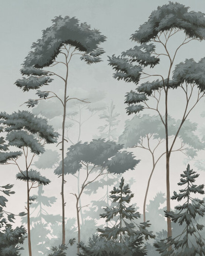 Fototapet cu design scandinav de pădure verde-albastră într-o sufragerie modernă
