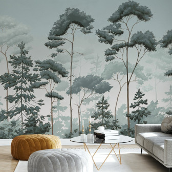Fototapet cu design scandinav de pădure verde-albastră într-o sufragerie modernă