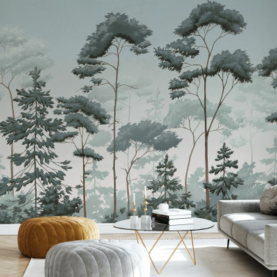 Fototapet cu design scandinav de pădure verde-albastră într-o sufragerie modernă