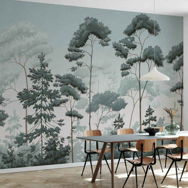 Fototapet cu design scandinav de pădure verde-albastră într-o sufragerie modernă