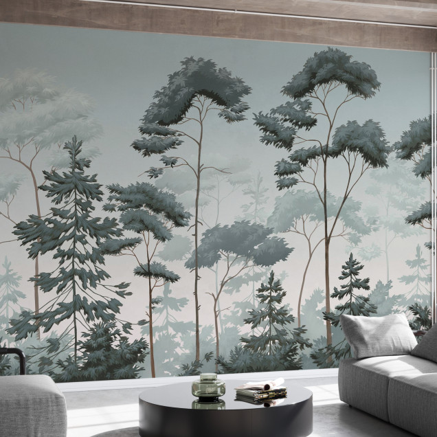 Fototapet cu design scandinav de pădure verde-albastră într-o sufragerie modernă