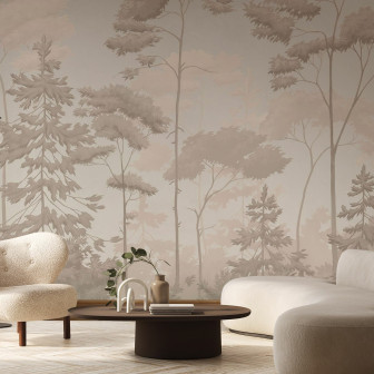 Fototapet cu pădure scandinavă în tonuri sepia, decor interior