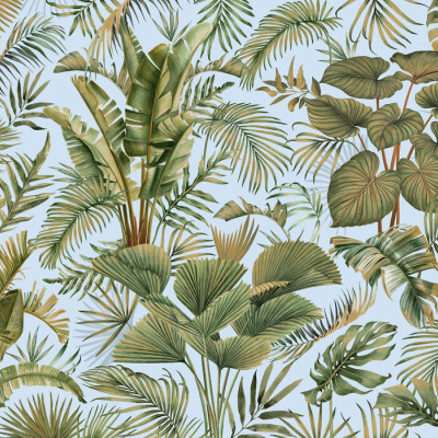 Fototapet cu design tropical - frunze verzi pe fundal albastru