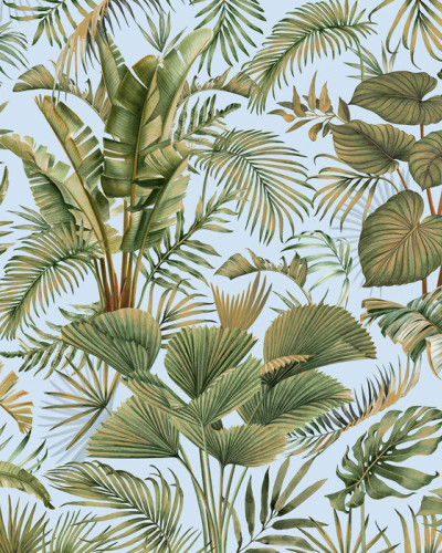Fototapet cu design tropical - frunze verzi pe fundal albastru