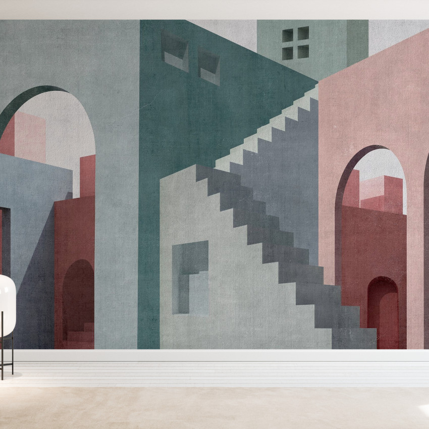 Tapet Moroccan City IV, cu un design geometric al arhitecturii marocane, reprezentand arcade elegante, scarile in spirala si pereti in tonuri calde
