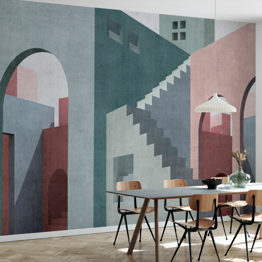 Tapet Moroccan City IV, cu un design geometric al arhitecturii marocane, reprezentand arcade elegante, scarile in spirala si pereti in tonuri calde
