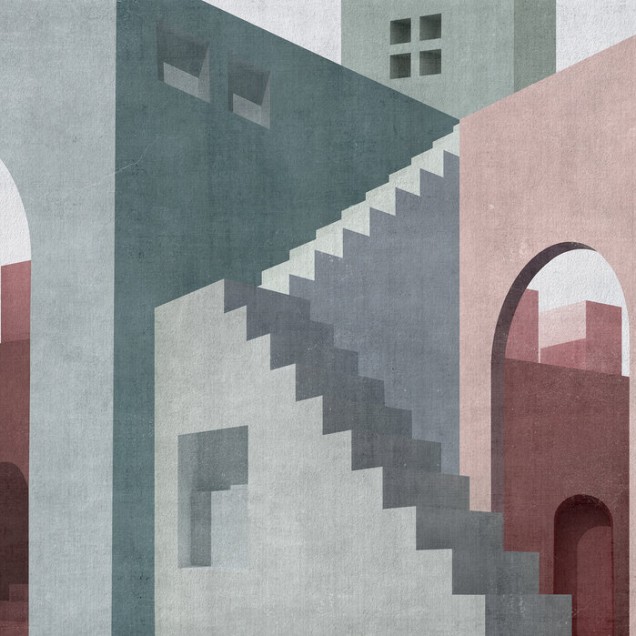 Wallpaper geometric abstract cu scări și arcade, ce aminteste de arhitectura urbană a Marocului.