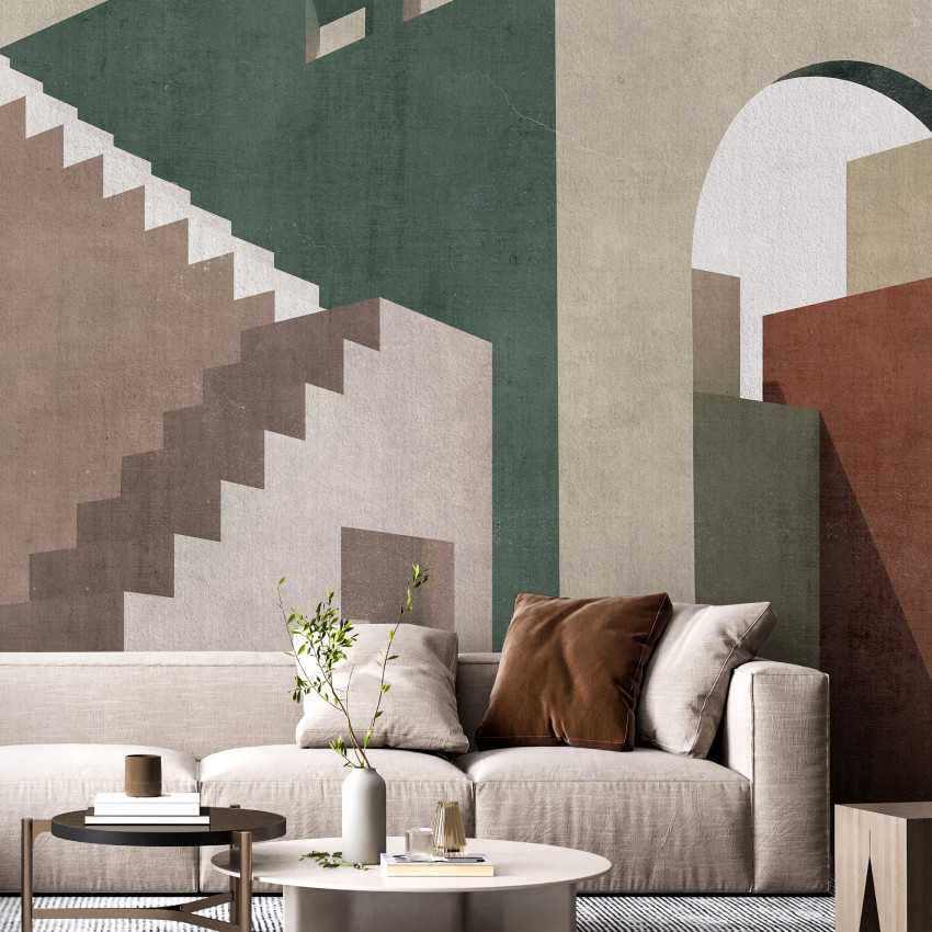 Tapet Moroccan City VI cu design abstract, arcuri și scări, în nuanțe de albastru și gri.
