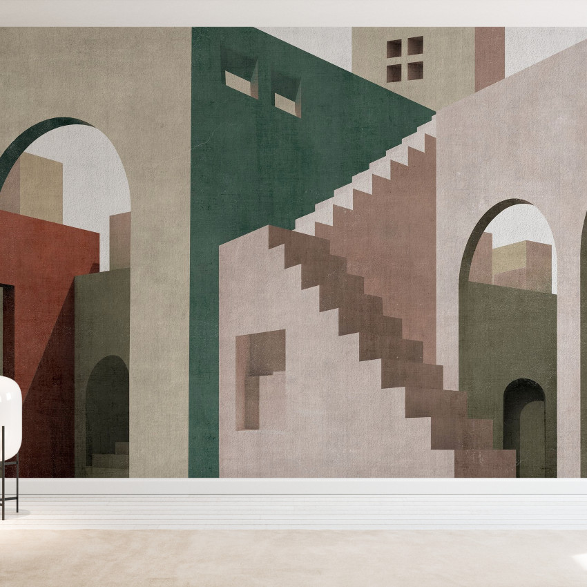 Tapet Moroccan City VI cu design abstract, arcuri și scări, în nuanțe de albastru și gri.