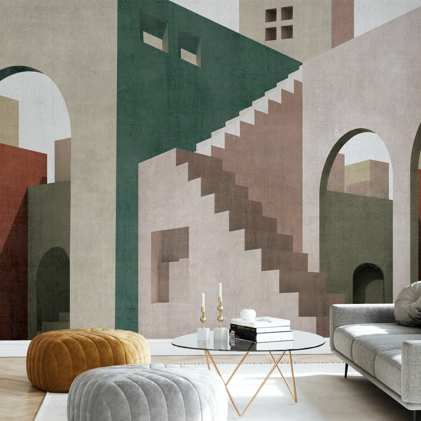 Tapet Moroccan City VI cu design abstract, arcuri și scări, în nuanțe de albastru și gri.