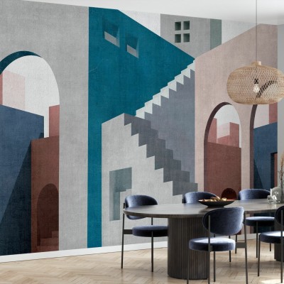 Tapetul Moroccan City III cu design abstract, cu clădiri în culori calde, pe un perete dintr-o cameră de zi, decorată modern.