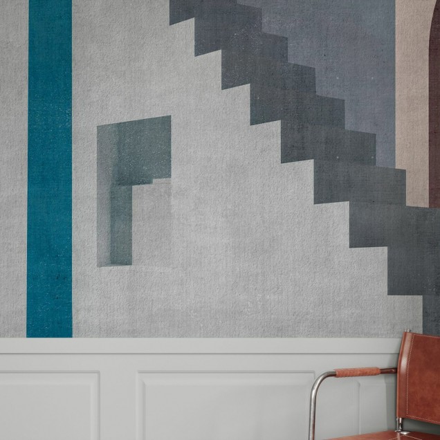 Tapetul Moroccan City III cu design abstract, cu clădiri în culori calde, pe un perete dintr-o cameră de zi, decorată modern.