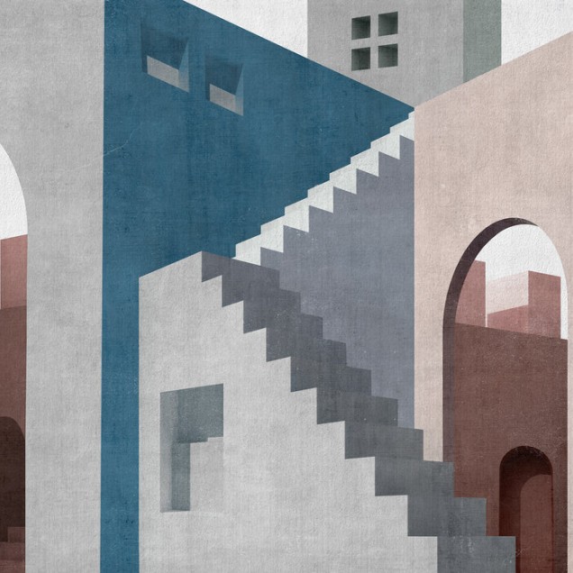 Tapetul Moroccan City III cu design abstract, cu clădiri în culori calde, pe un perete dintr-o cameră de zi, decorată modern.