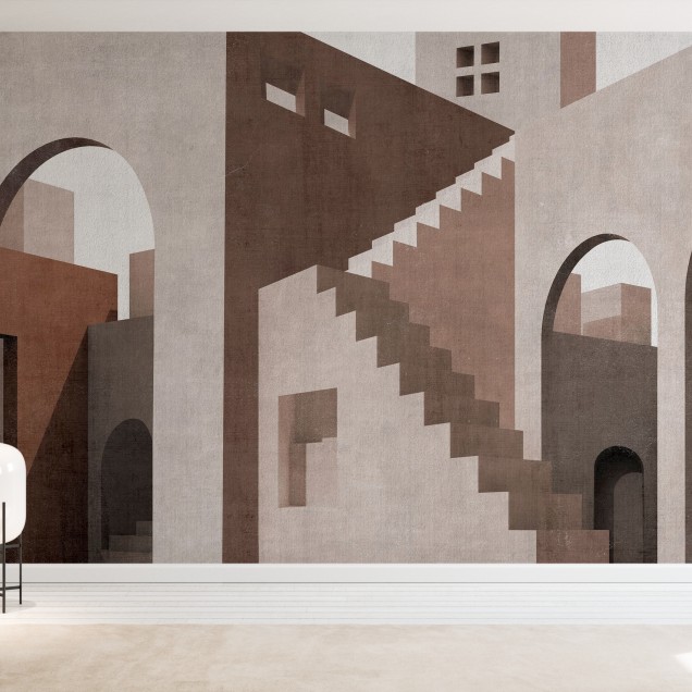 Tapet Moroccan City IV, cu un design geometric al arhitecturii marocane, reprezentand arcade elegante, scarile in spirala si pereti in tonuri calde