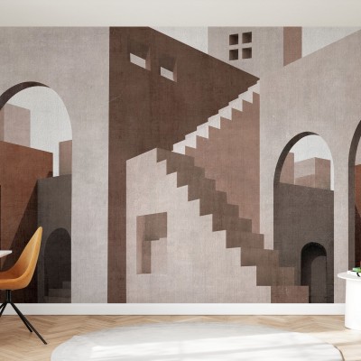 Tapet Moroccan City IV, cu un design geometric al arhitecturii marocane, reprezentand arcade elegante, scarile in spirala si pereti in tonuri calde