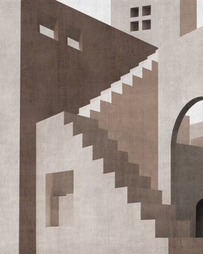 Tapet Moroccan City IV, cu un design geometric al arhitecturii marocane, reprezentand arcade elegante, scarile in spirala si pereti in tonuri calde