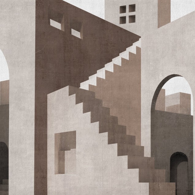 Tapet Moroccan City IV, cu un design geometric al arhitecturii marocane, reprezentand arcade elegante, scarile in spirala si pereti in tonuri calde