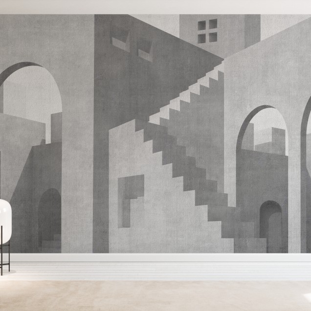 Tapet Moroccan City V, cu design minimalist, modern și paletă de culori monocromă.