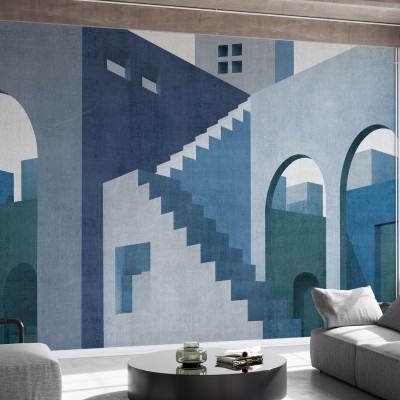 Tapet Moroccan City VI cu design abstract, arcuri și scări, în nuanțe de albastru și gri.