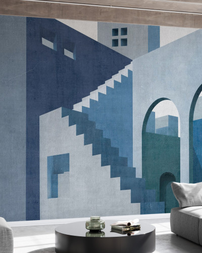 Tapet Moroccan City VI cu design abstract, arcuri și scări, în nuanțe de albastru și gri.