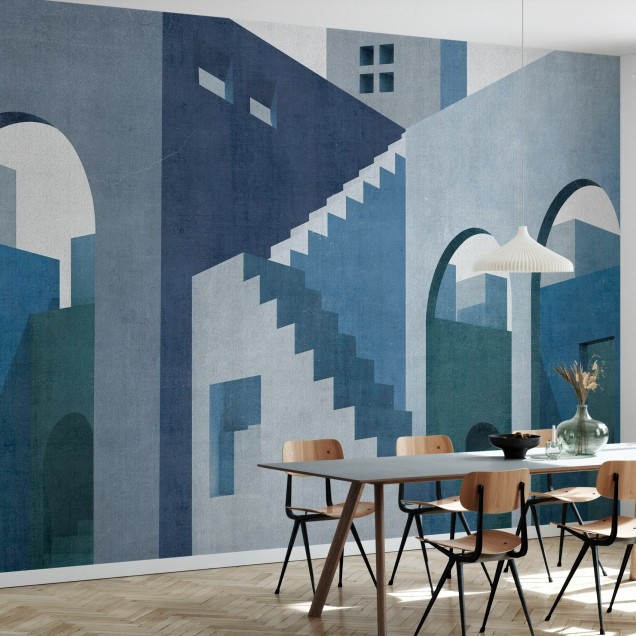 Tapet Moroccan City VI cu design abstract, arcuri și scări, în nuanțe de albastru și gri.