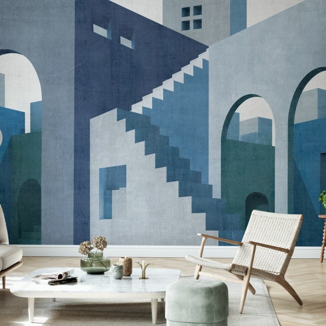 Tapet Moroccan City VI cu design abstract, arcuri și scări, în nuanțe de albastru și gri.
