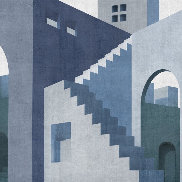 Tapet Moroccan City VI cu design abstract, arcuri și scări, în nuanțe de albastru și gri.