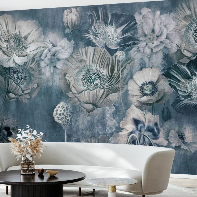 Maki Maki Blue, wallpaper floral cu design minimalist in nuante delicate de albastru
