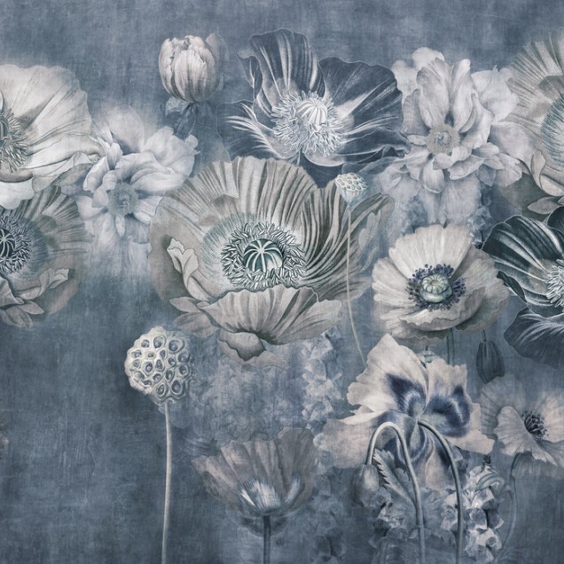 Maki Maki Blue, wallpaper floral cu design minimalist in nuante delicate de albastru