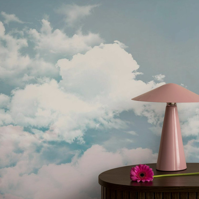 Tapet Into the Sky cu un design minimalist, cu cer senin și nori albi pufoși.