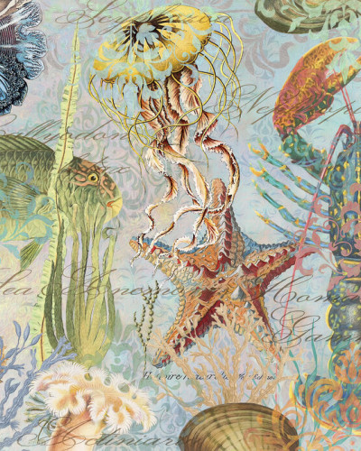 Tapet Sea Life Arabesques II cu imaginea unei lumi subacvatice fantastice, plina de creaturi marine misterioase si detalii ornamentale.