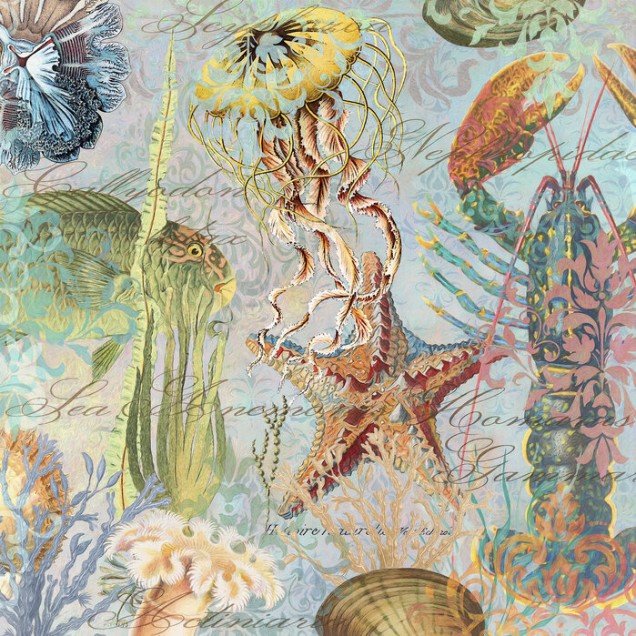 Tapet Sea Life Arabesques II cu imaginea unei lumi subacvatice fantastice, plina de creaturi marine misterioase si detalii ornamentale.