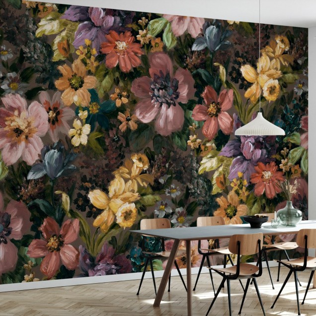Tapet cu flori pictate in stil vintage, perfect pentru decorarea dormitorului, sufrageriei sau holului.