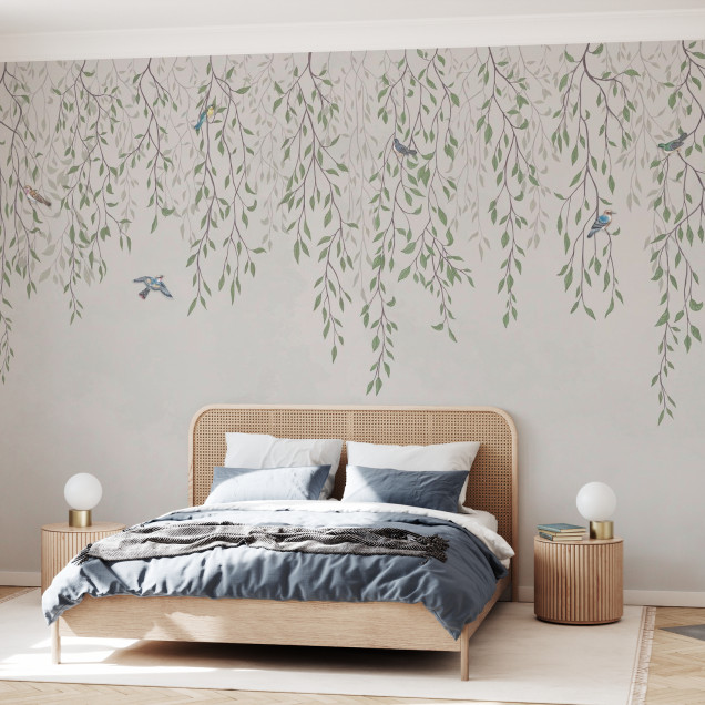 Tapet cu ramuri delicate si pasari delicate, intr-un decor elegant