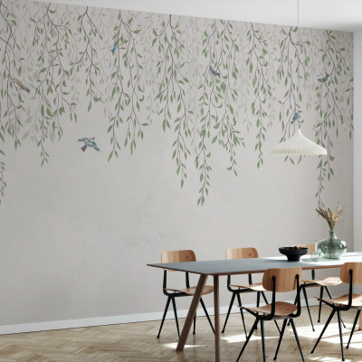 Tapet cu ramuri delicate si pasari delicate, intr-un decor elegant