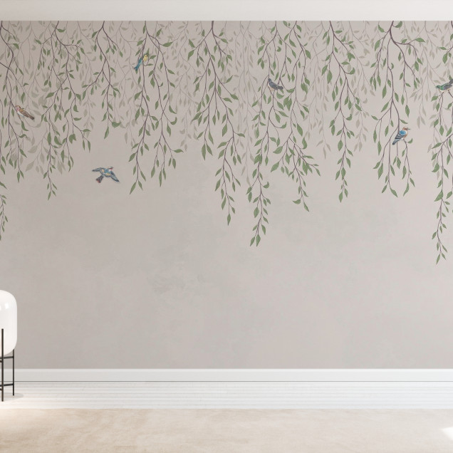 Tapet cu ramuri delicate si pasari delicate, intr-un decor elegant