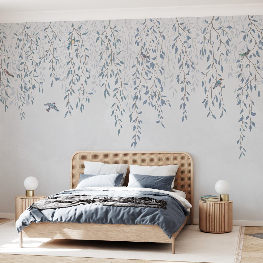 Tapet cu ramuri delicate si pasari delicate, intr-un decor elegant