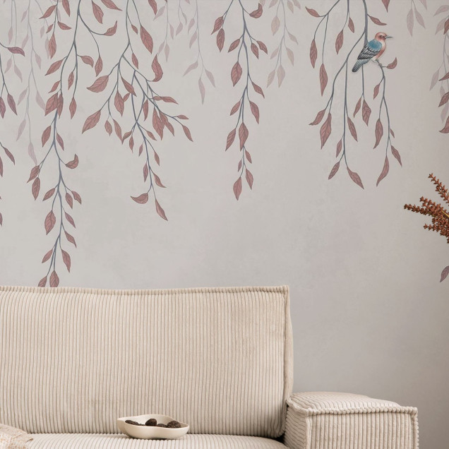 Wallpaper cu ramuri delicate și frunze roz pal