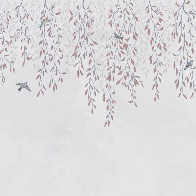 Wallpaper cu ramuri delicate și frunze roz pal