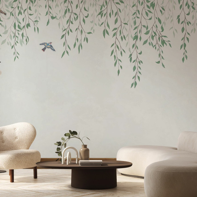 Tapet cu design delicat de crengi și frunze verzi, perfect pentru a adăuga o notă de prospețime și eleganță spațiului dumneavoastră.