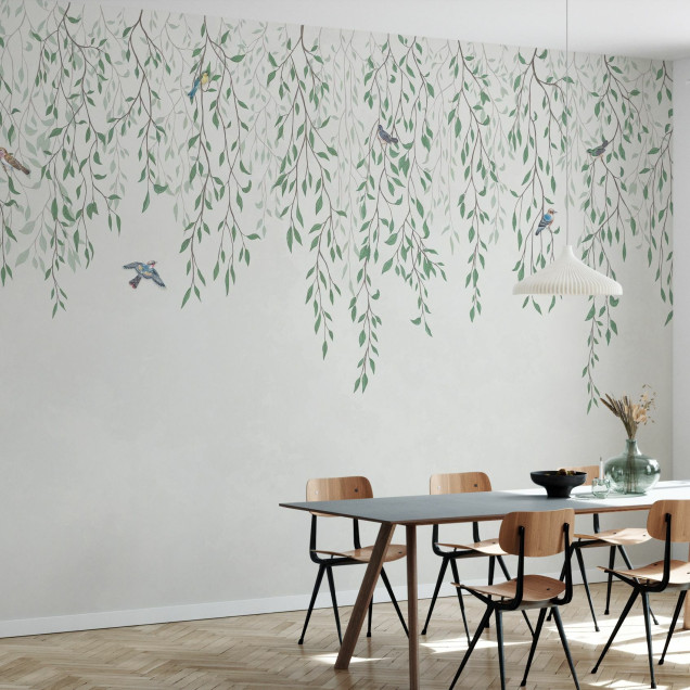 Tapet cu design delicat de crengi și frunze verzi, perfect pentru a adăuga o notă de prospețime și eleganță spațiului dumneavoastră.