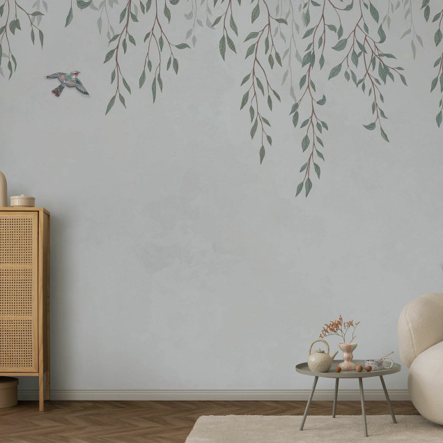 Tapet cu design minimalist, cu ramurele de copac și păsări, ideal pentru un dormitor, un living sau o sală de mese.