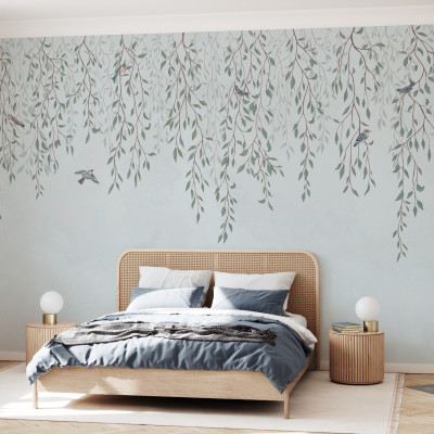 Tapet cu design minimalist, cu ramurele de copac și păsări, ideal pentru un dormitor, un living sau o sală de mese.