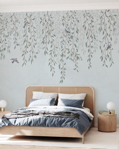 Tapet cu design minimalist, cu ramurele de copac și păsări, ideal pentru un dormitor, un living sau o sală de mese.