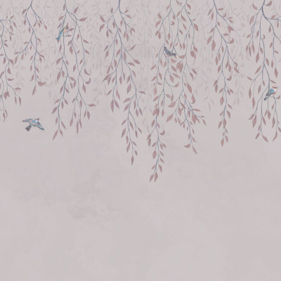 Tapet Hanging Around, Nude Pink, cu ramuri de salcie și păsări, în dormitor