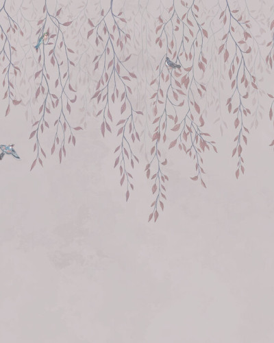 Tapet Hanging Around, Nude Pink, cu ramuri de salcie și păsări, în dormitor