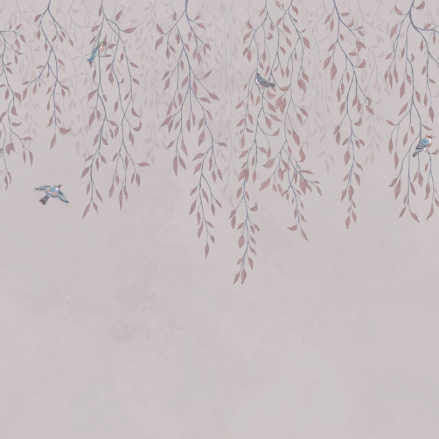 Tapet Hanging Around, Nude Pink, cu ramuri de salcie și păsări, în dormitor