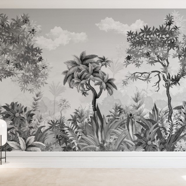 Tapet Jungleland III - Imaginea prezintă un tapet în nuanțe de gri, cu o imagine a junglei tropicale, decorând un living modern.