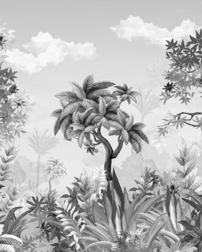Tapet Jungleland III - Imaginea prezintă un tapet în nuanțe de gri, cu o imagine a junglei tropicale, decorând un living modern.