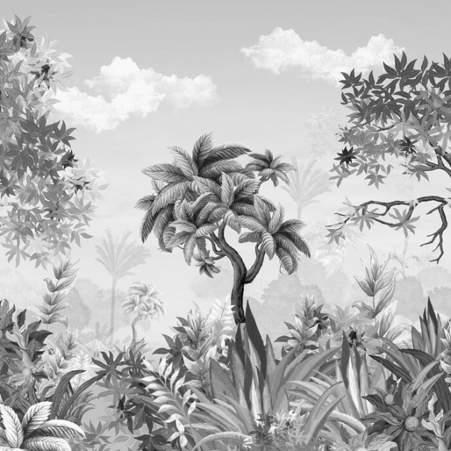 Tapet Jungleland III - Imaginea prezintă un tapet în nuanțe de gri, cu o imagine a junglei tropicale, decorând un living modern.